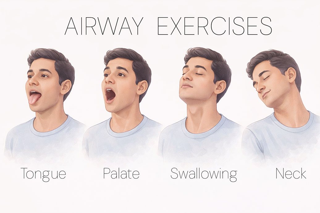 Illustration of airway exercises for the tongue, palate, swallowing and neck