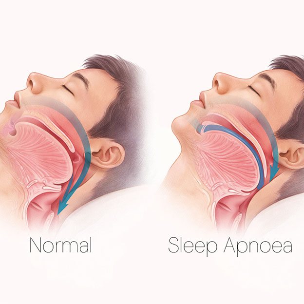 Diagram comparing a normal open airway during sleep with a collapsed airway in obstructive sleep apnoea