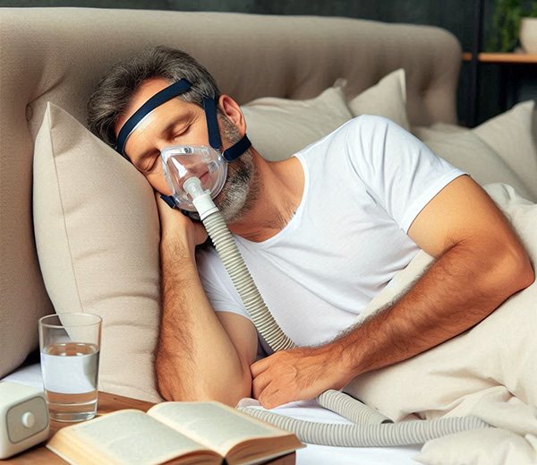A man asleep in bed wearing a nasal CPAP mask