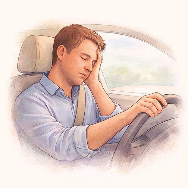 Illustration of a tired driver rubbing their eyes at the wheel