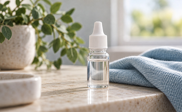 Small clear bottle of ear drops on a stone surface beside a blue cloth