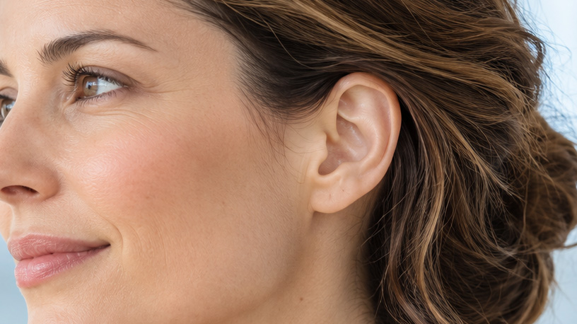 Close-up of a woman's ear and profile