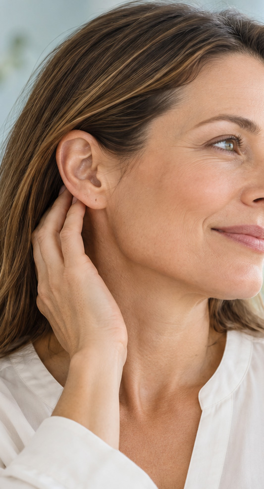 Woman touching the back of her ear and smiling