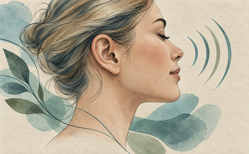 Watercolour illustration of a woman in profile with her eyes closed and soft sound waves near her ear