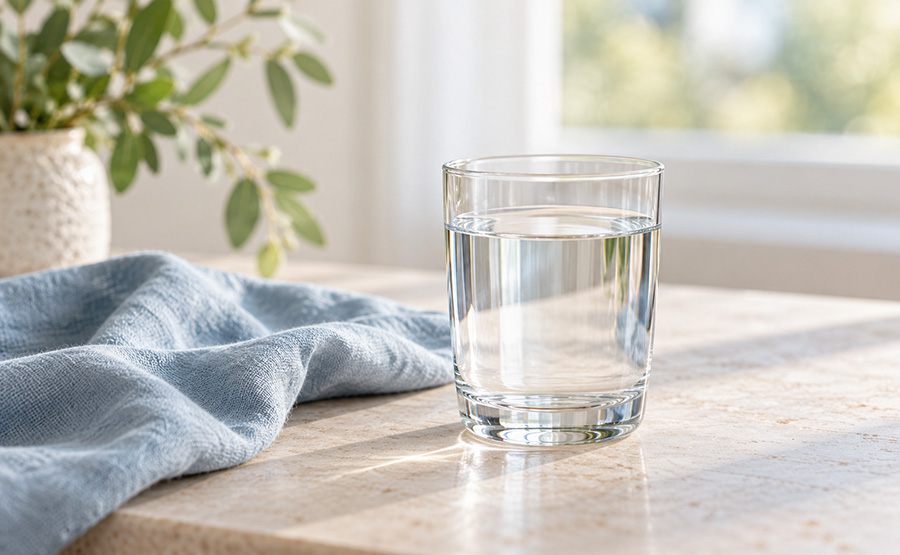 Glass of water on a table beside a blue linen cloth