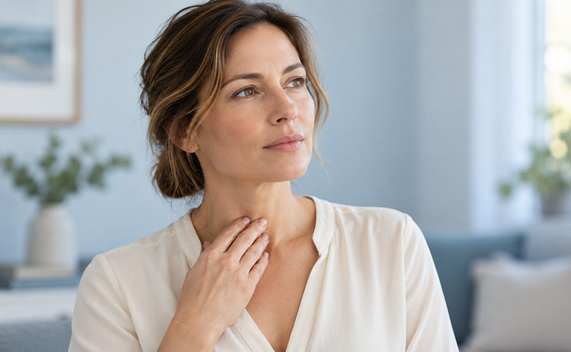 Woman resting her hand at the base of her throat, describing the feeling of a lump in the throat (globus sensation)