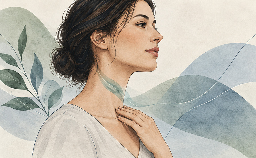 Watercolour illustration of a woman in profile with her hand at her throat, surrounded by soft green and blue shapes