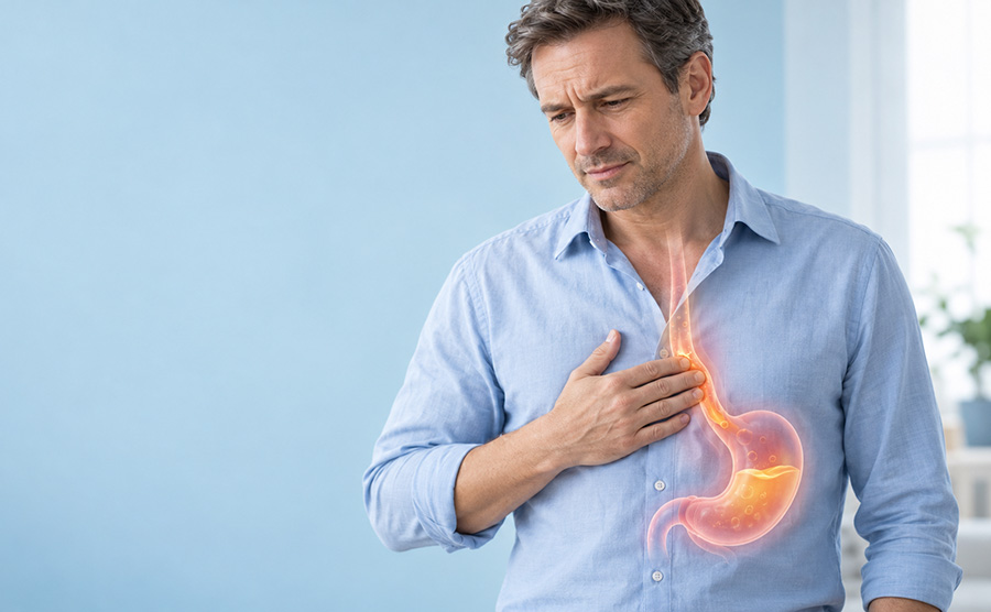 Man with his hand on his chest and a glowing illustration of the stomach showing acid reflux