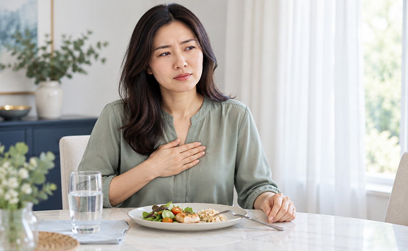 Woman with her hand on her chest at a table with a small meal and a glass of water
