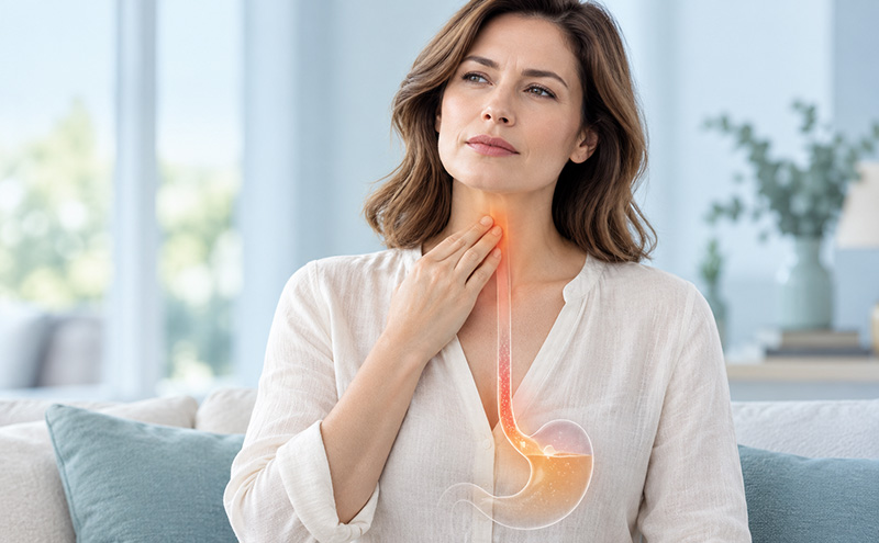 Woman with her hand at her throat and a glowing illustration showing acid travelling up from the stomach