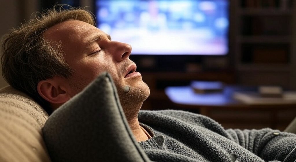 A man asleep and snoring in an armchair